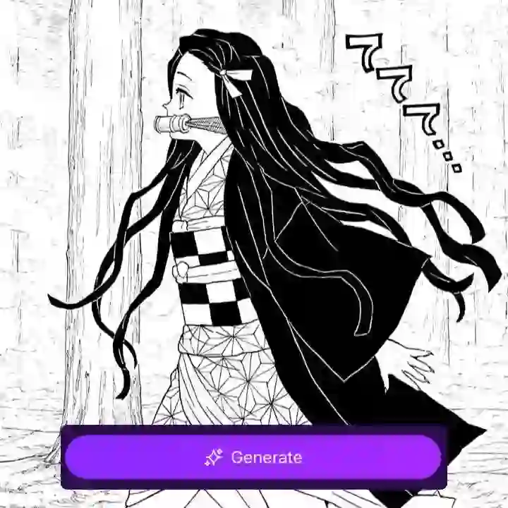 Панель манги, на которой изображена идущая вперед девушка с длинными черными волосами в кимоно, с наклейкой, изображающей кнопку «Создать», использованная в качестве материала для урока по анимации панели манги.