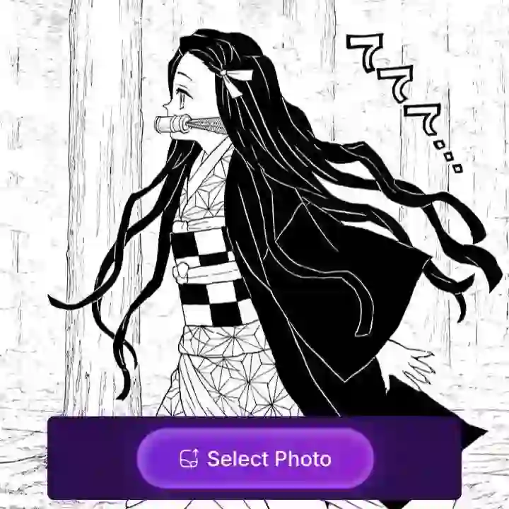 Панель манги, на которой изображена идущая вперед девушка с длинными черными волосами в кимоно, со наклейкой, изображающей кнопку «выбрать фото», использованная в качестве материала для урока по анимации панели манги.