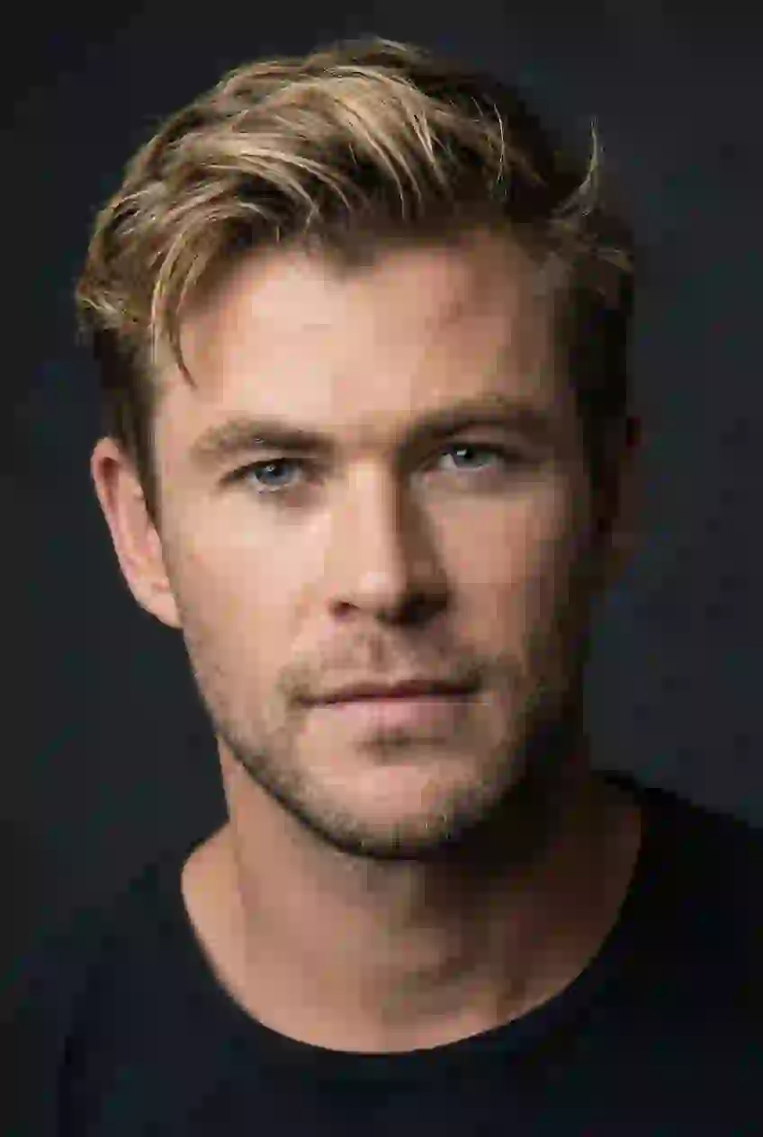 Portrait of Chris Hemsworth with black background. Template for AI baby filter.