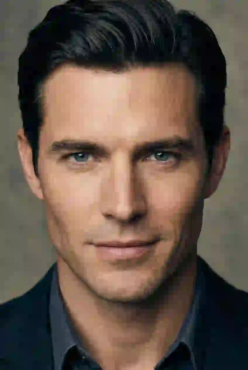 Portrait of a smiling handsome man with green eyes in dark blue suit. Template for AI baby filter.