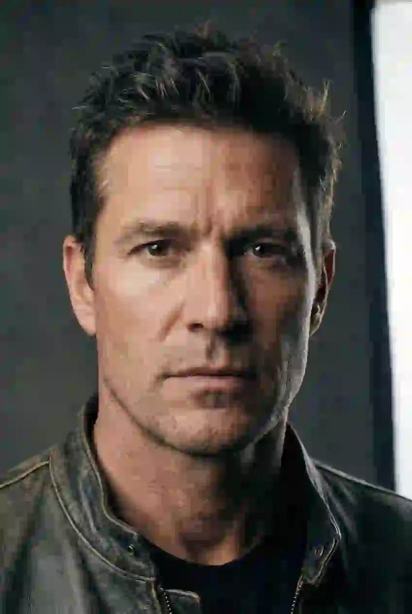 Portrait of a handsome middle-aged western man in leather jacket. Template for AI baby filter.