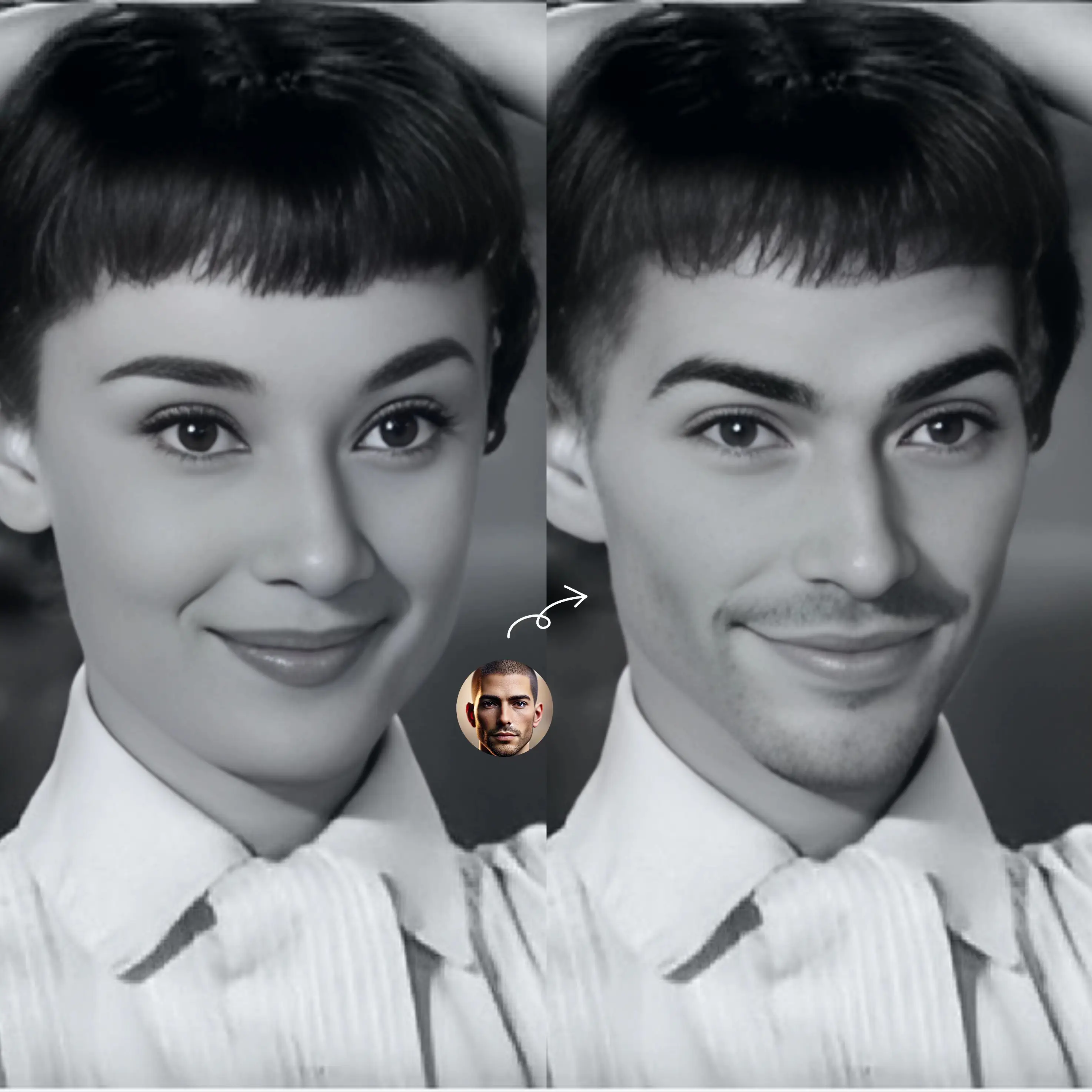 Bir erkeğin yüzünü Audrey Hepburn'la değiştirin.