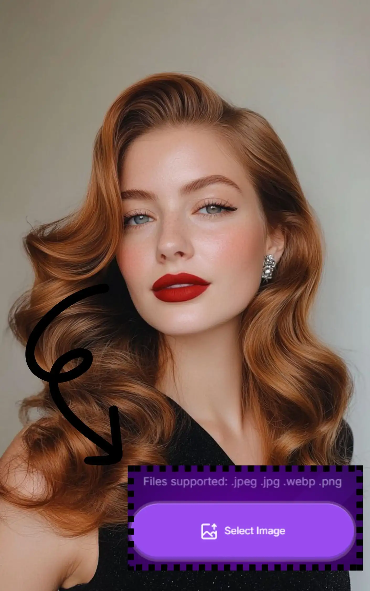Photo-Face-Swap Tutorial Step 1: You can upload the photo you want to swap faces in. This is a photo of a woman with golden curly hair, heavy makeup, and bold red lips.