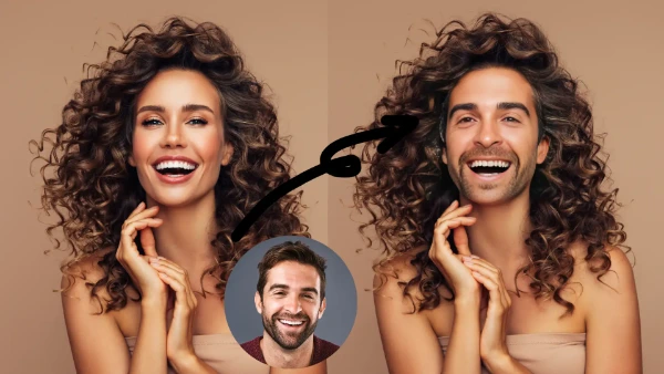Solda, dalgalı siyah saçlı sevimli gülümseyen bir kız var ve sağda swapface ile yüzleri değiştirdikten sonra dalgalı saçları ve gülümsemesi aynı kalıyor!