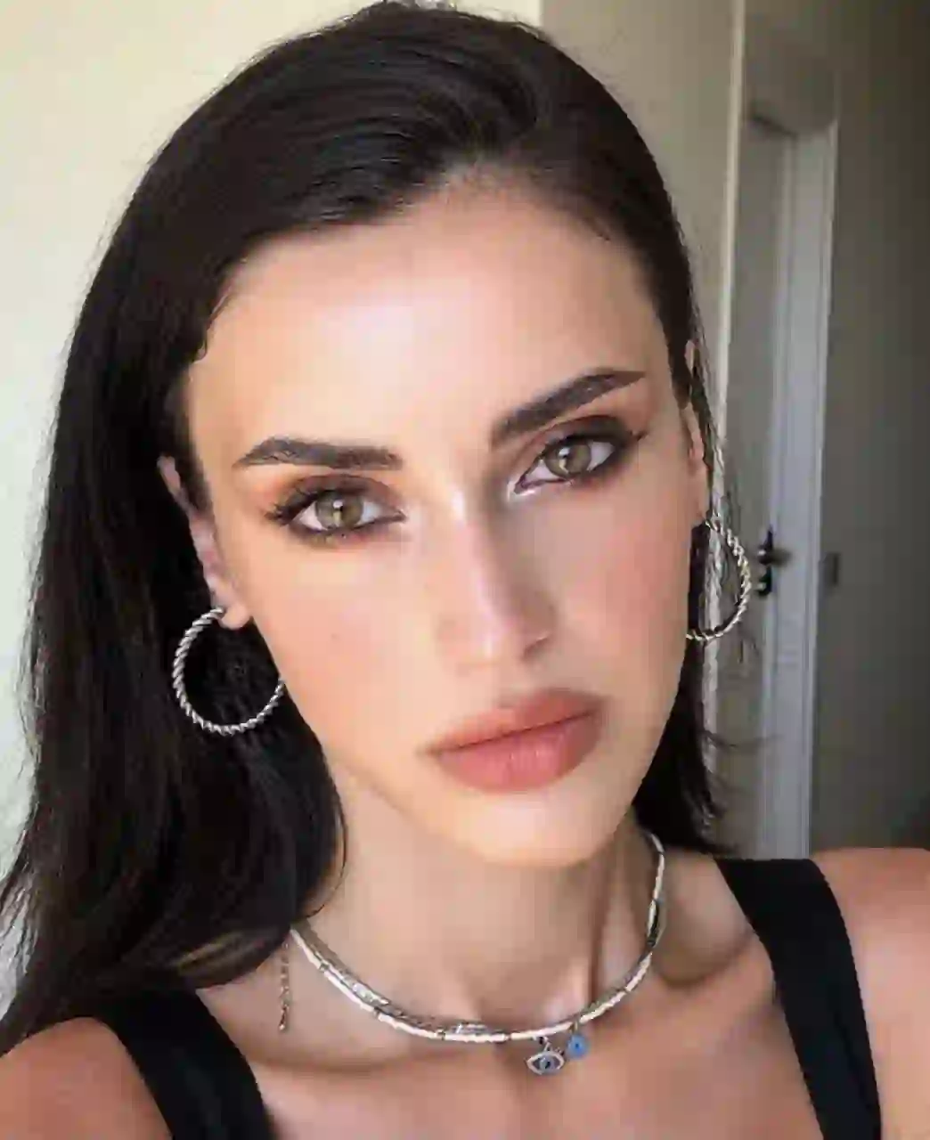 Selfie d'une femme aux cheveux noirs raides, boucles d'oreilles et collier en argent, posant dans une scène intérieure. Modèle pour l'échange de visage d'image.