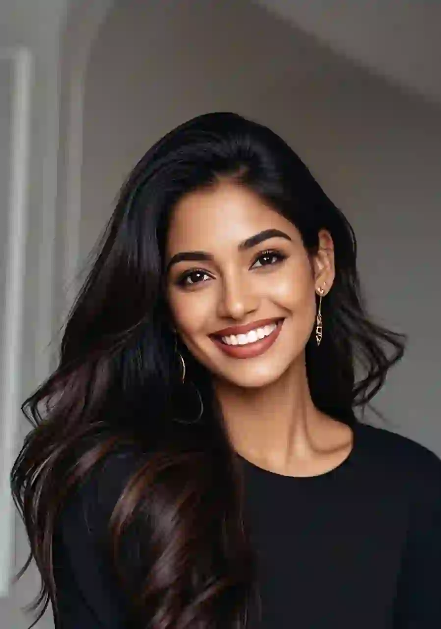 Portrait d'une femme aux cheveux noirs en simple haut noir souriant à la caméra. Modèle pour l'échange de visage d'image.