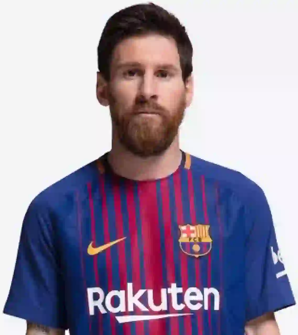 Porträtt av Lionel Messi iförd Inter Miamis rosa och svartrandiga hemmatröja. Han har kort mörkt hår med ett lugnt uttryck, mot en neutral grå bakgrund.