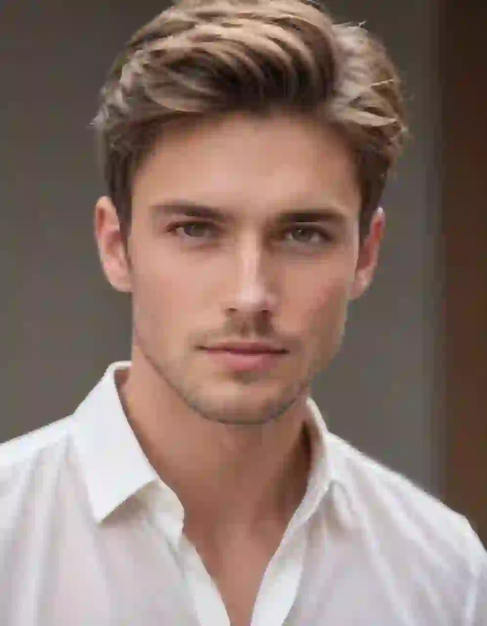 Porträtt av en man med tjockt vågigt blont hår i vit skjorta, ler mot kameran. Mall för bildbyte av ansikte.