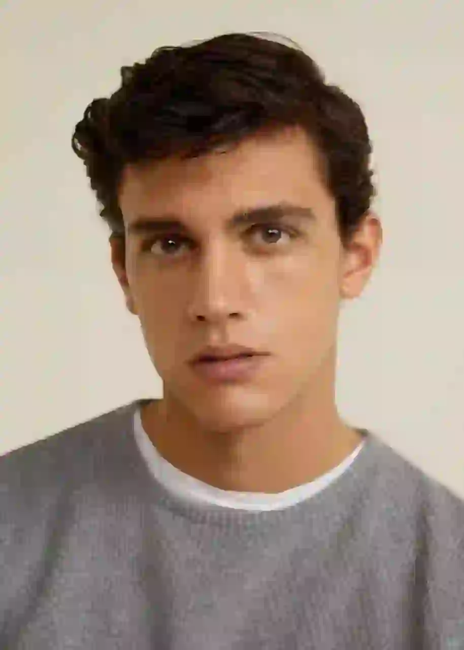 Porträtt av en man med tjockt vågigt mörkbrunt hår i en stickad grå tröja. Mall för bildbyte av ansikte.