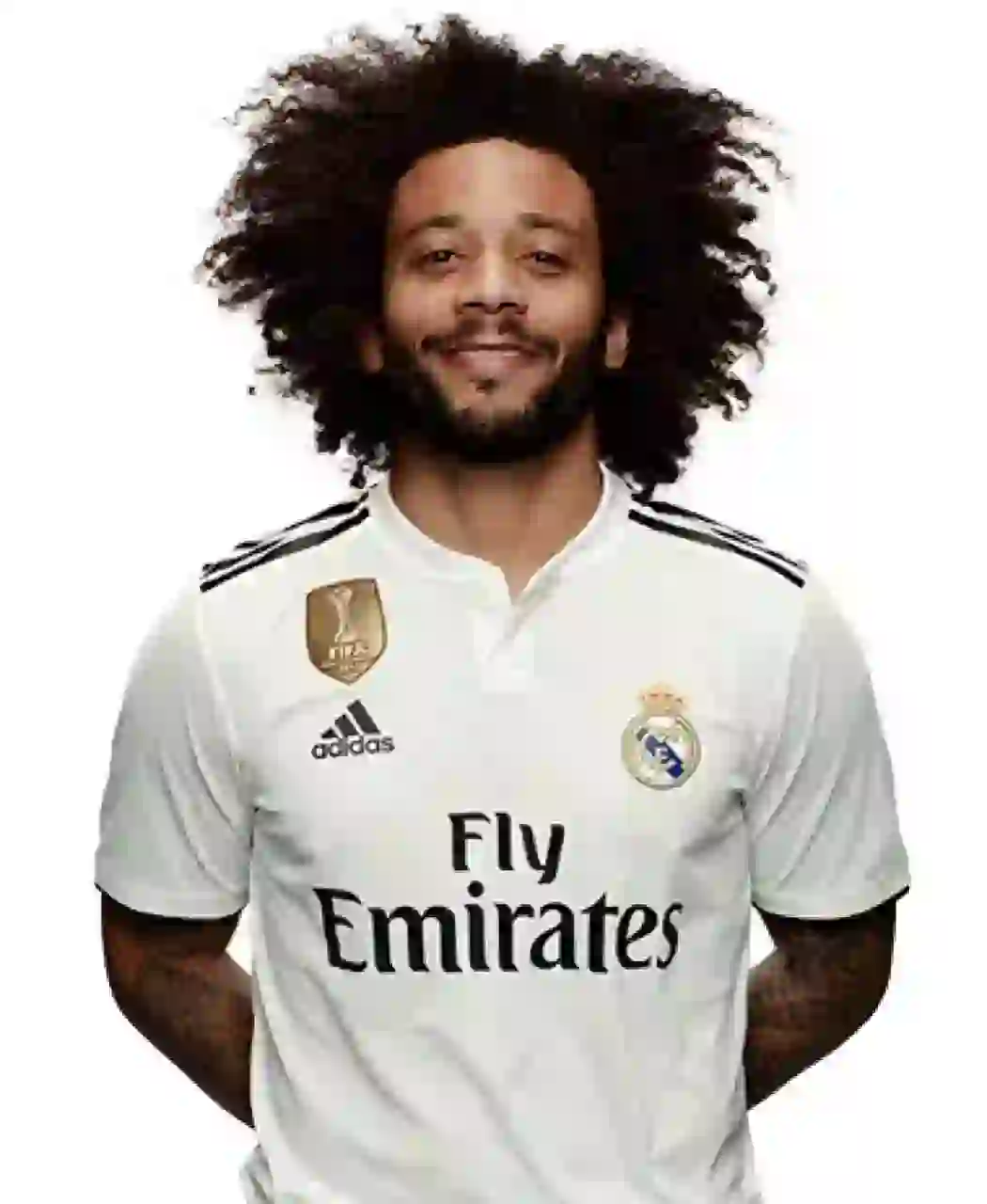 Porträtt av Marcelo Vieira med en stor svart afro och skägg, klädd i en vit äkta Madrid hemmatröja, mot en vanlig vit bakgrund, och ler mot kameran.