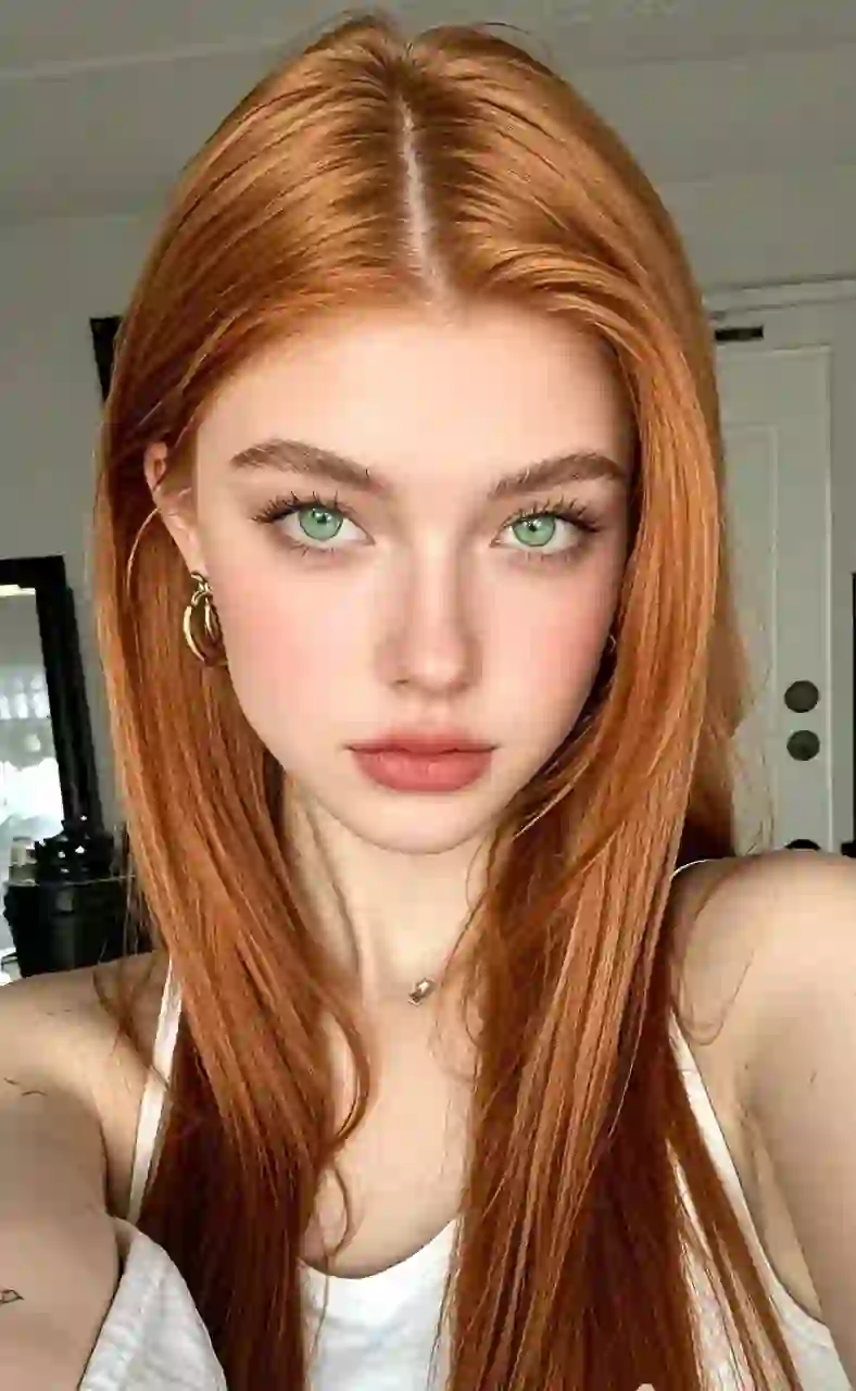 Selfie d'une femme rousse aux yeux verts posant dans une scène intérieure. Modèle pour l'échange de visage d'image.