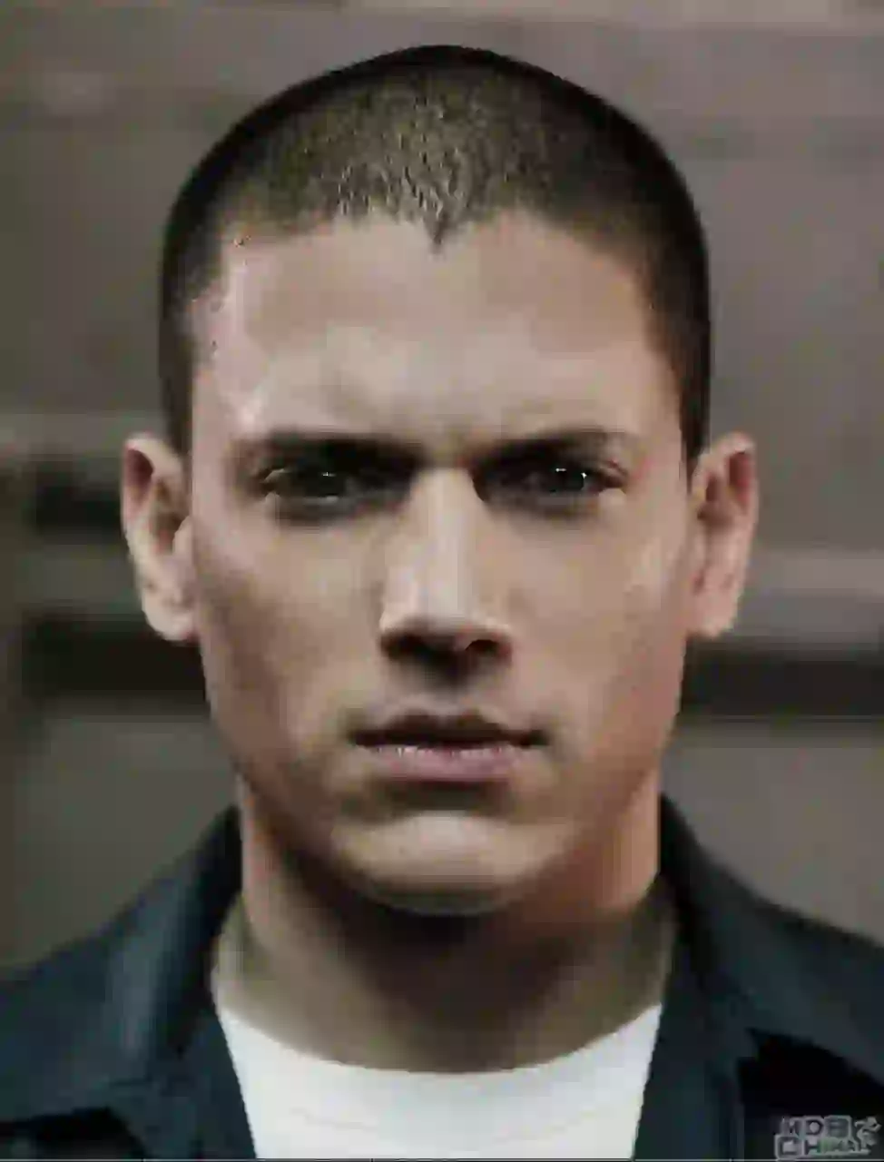Närbild av Wentworth Miller med buzz cut och intensivt seriöst uttryck. Han bär svart kavaj tillsammans med en vit topp. Mall för bildbyte av ansikte.