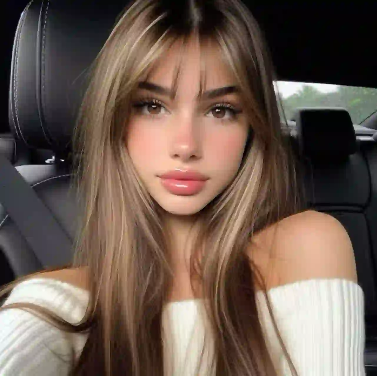 Selfie d'une femme aux cheveux bruns raides avec une teinte blonde dans un pull blanc à épaules dénudées, posant dans une voiture. Modèle pour l'échange de visage d'image.