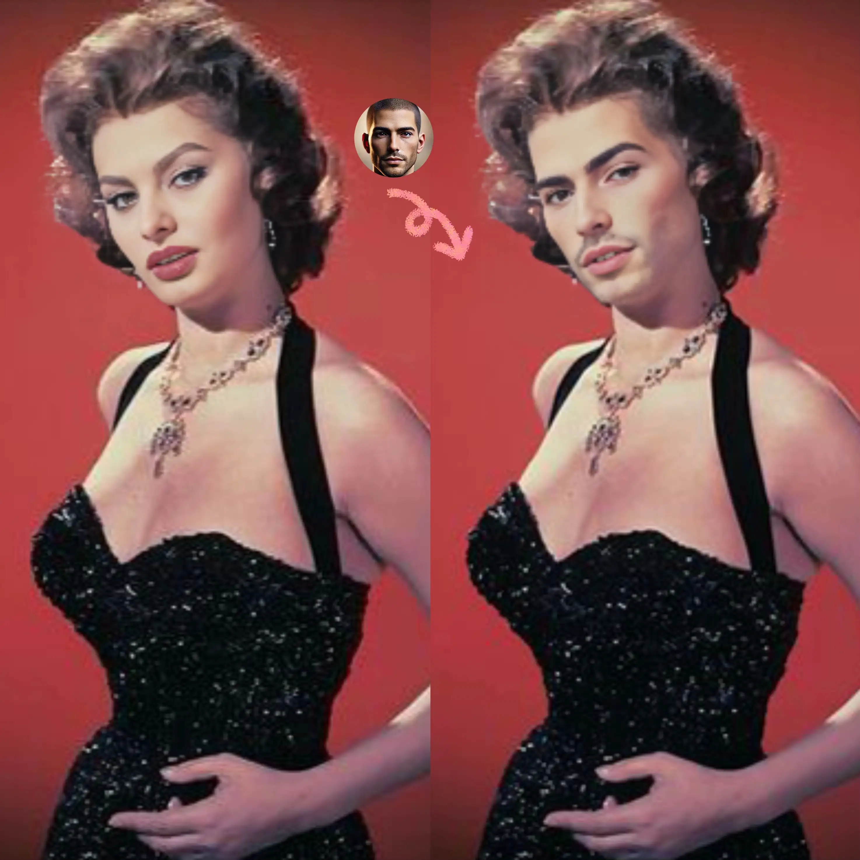 Man changes faces with woman in suspenders.