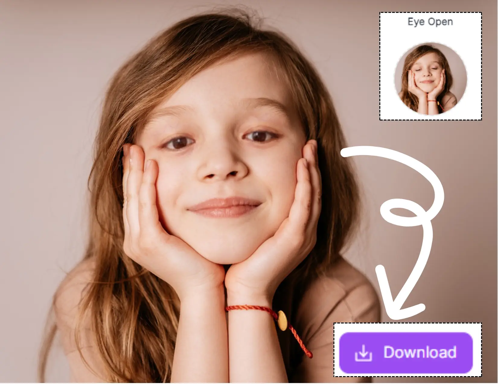 This is open eyes in photo Step 3. Once the photo is processed, you can click to download the photo of the little girl with her eyes open.