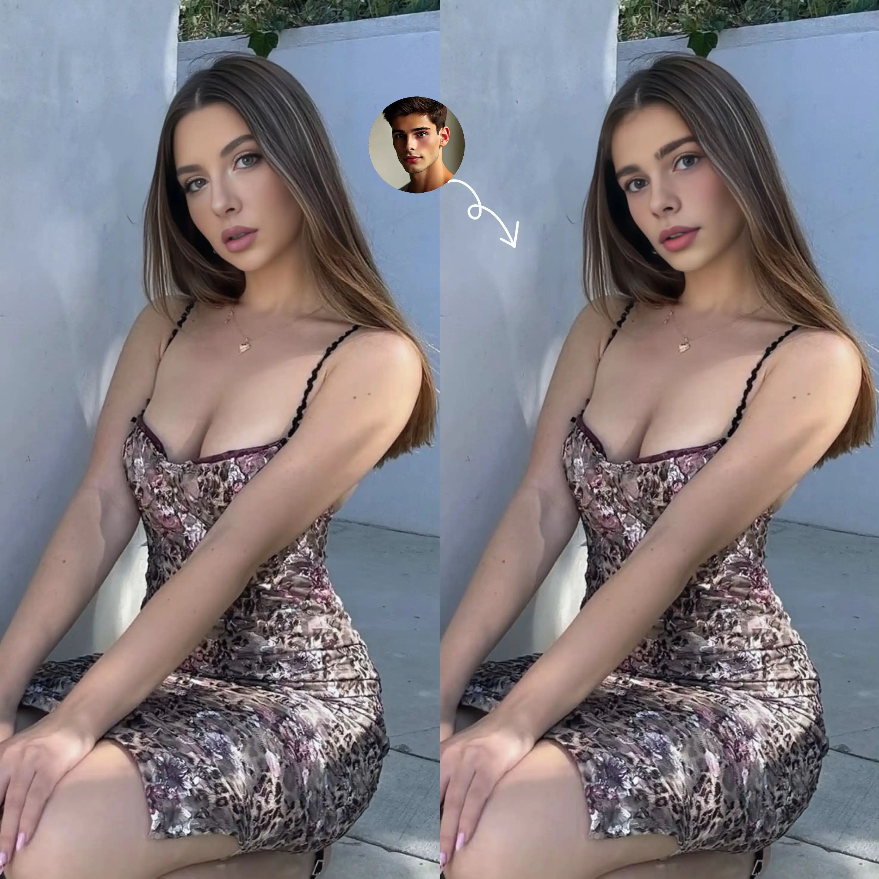 Replace the man's face with the face of a beautiful woman in a dress.