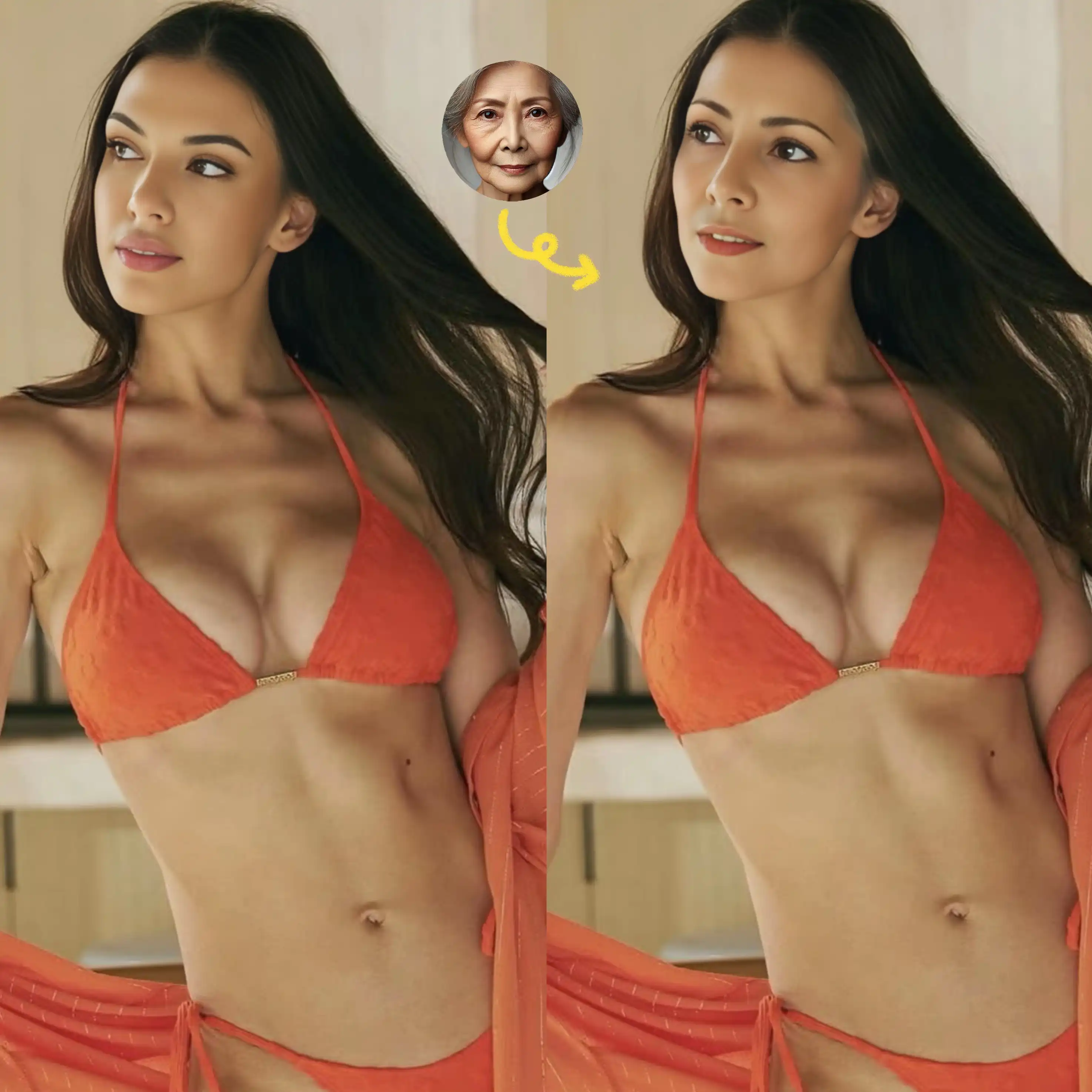 Replace the old man's face with the face of a hot girl in a bikini.