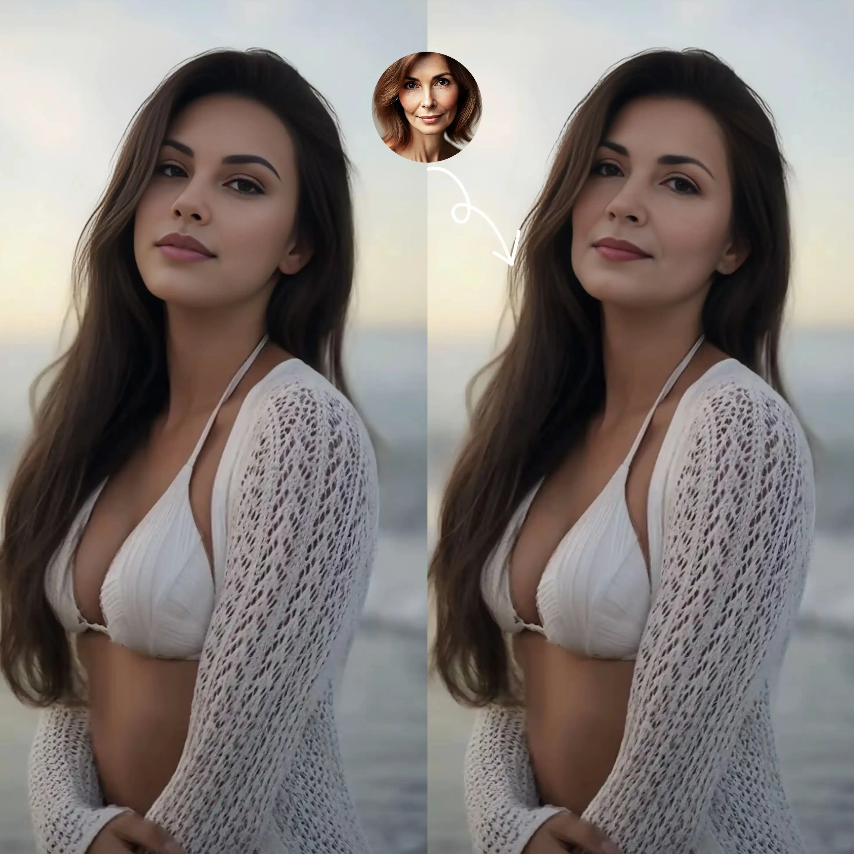 Replace the face of a 40 year old woman with the face of a girl in a white bikini.