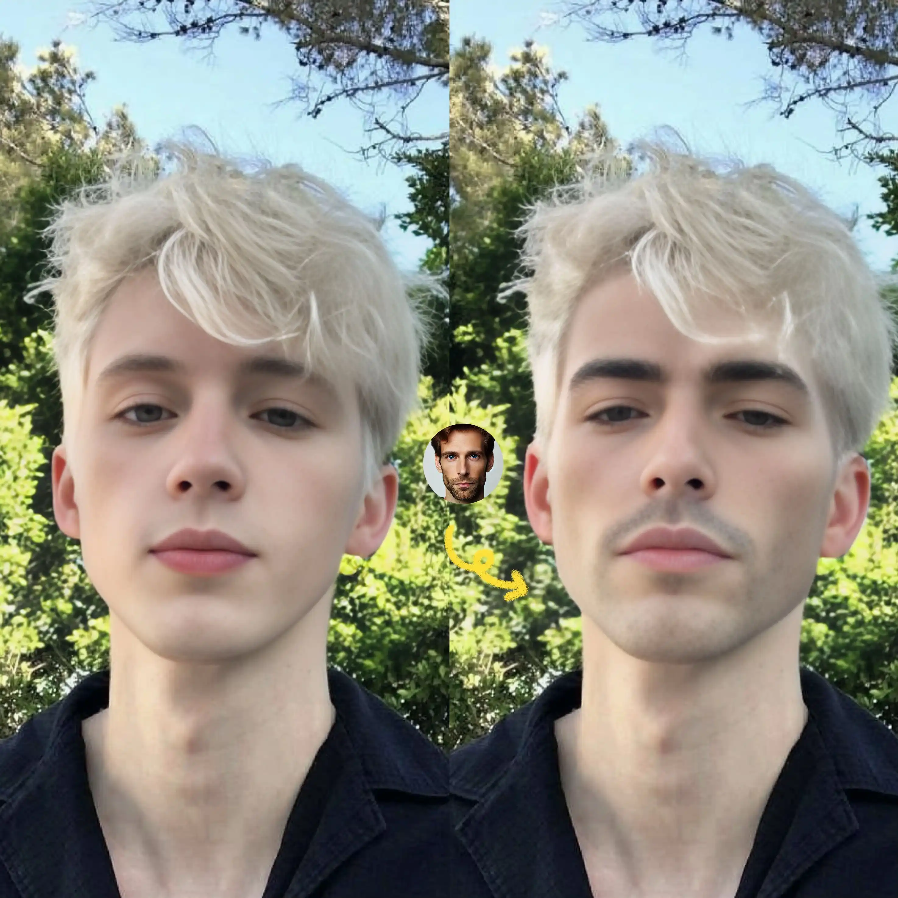 Before and after of man's face swap with Troye Sivan.