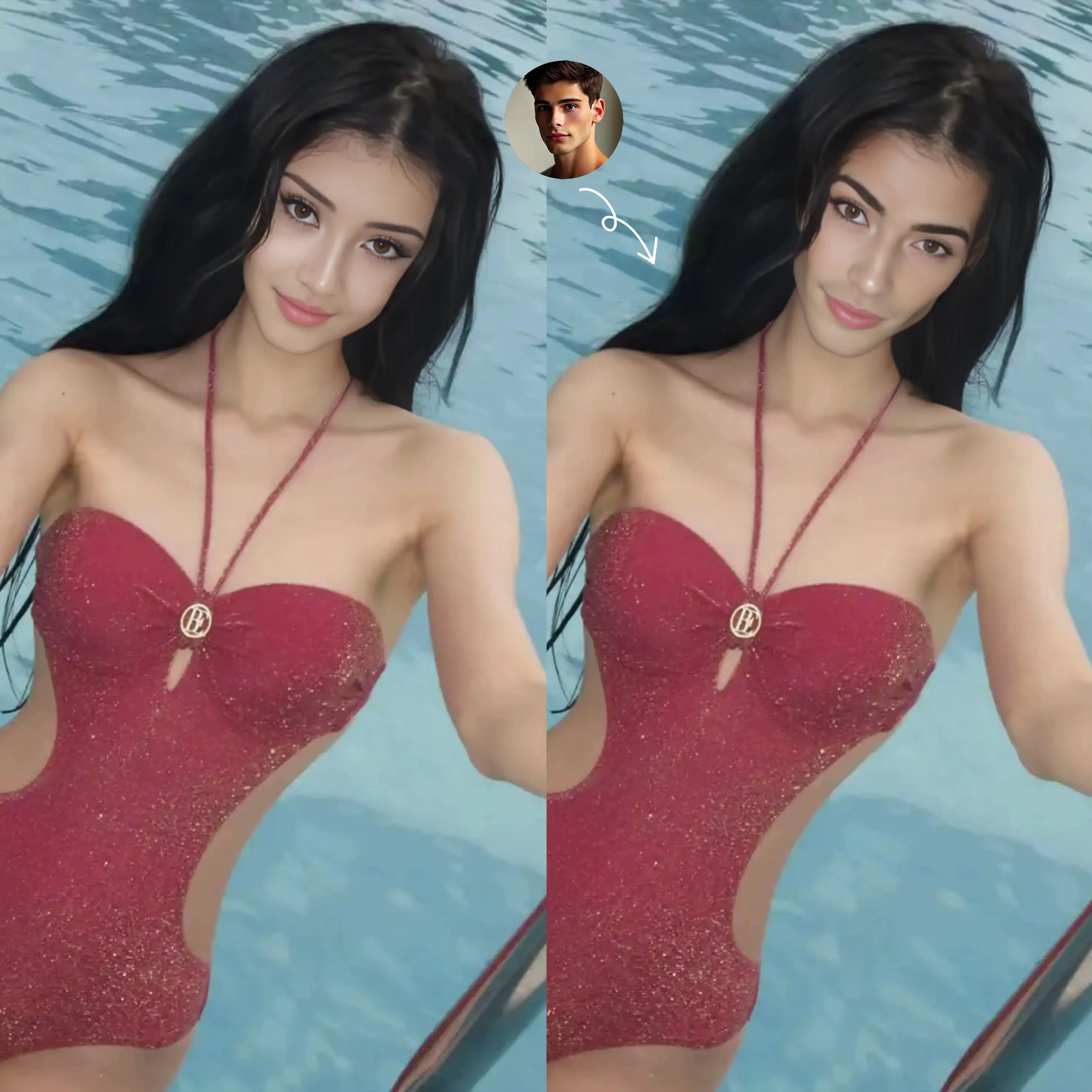 Replace the face of a beautiful woman in a red swimsuit with the face of a man!