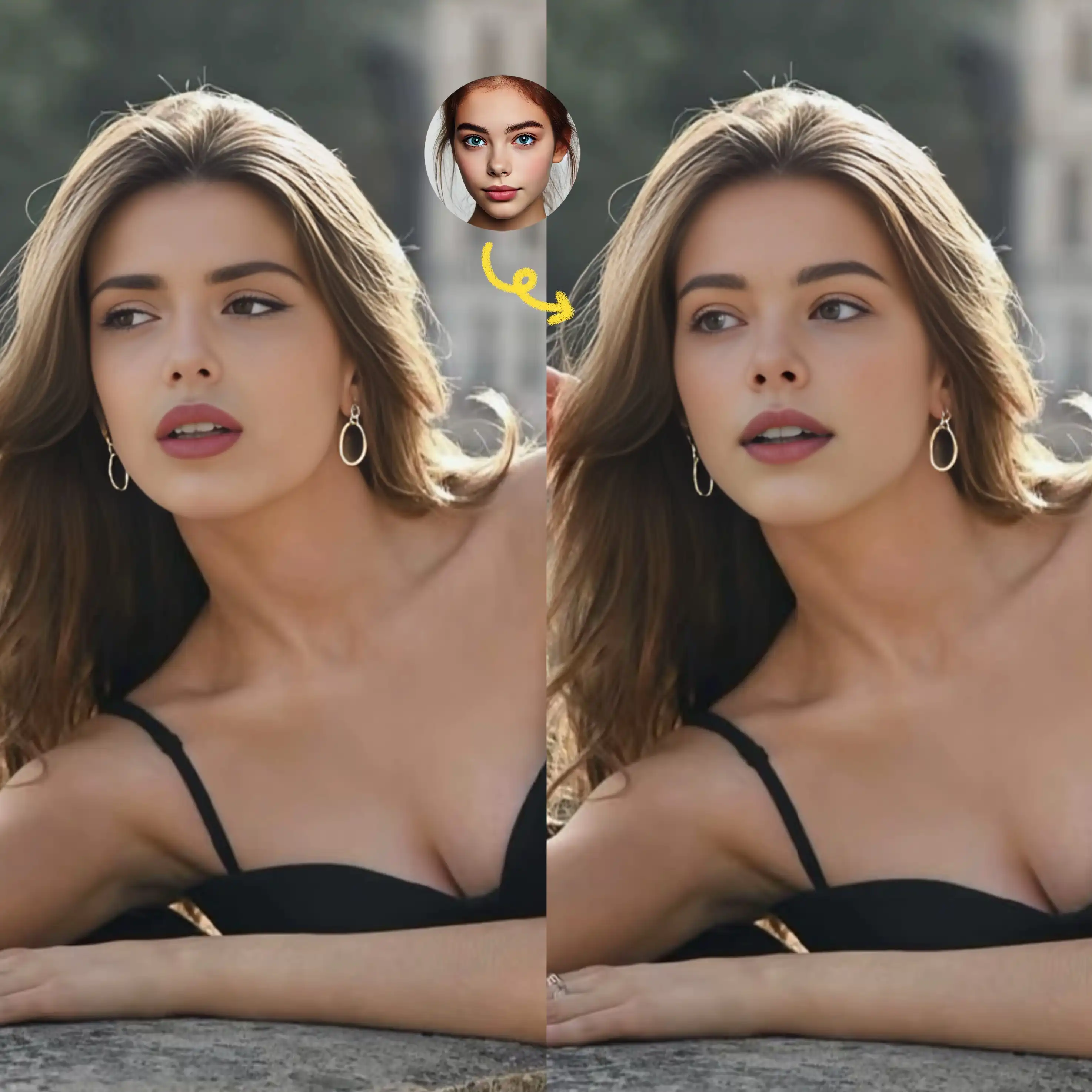 Face swap with a hot girl in a low cut black dress
