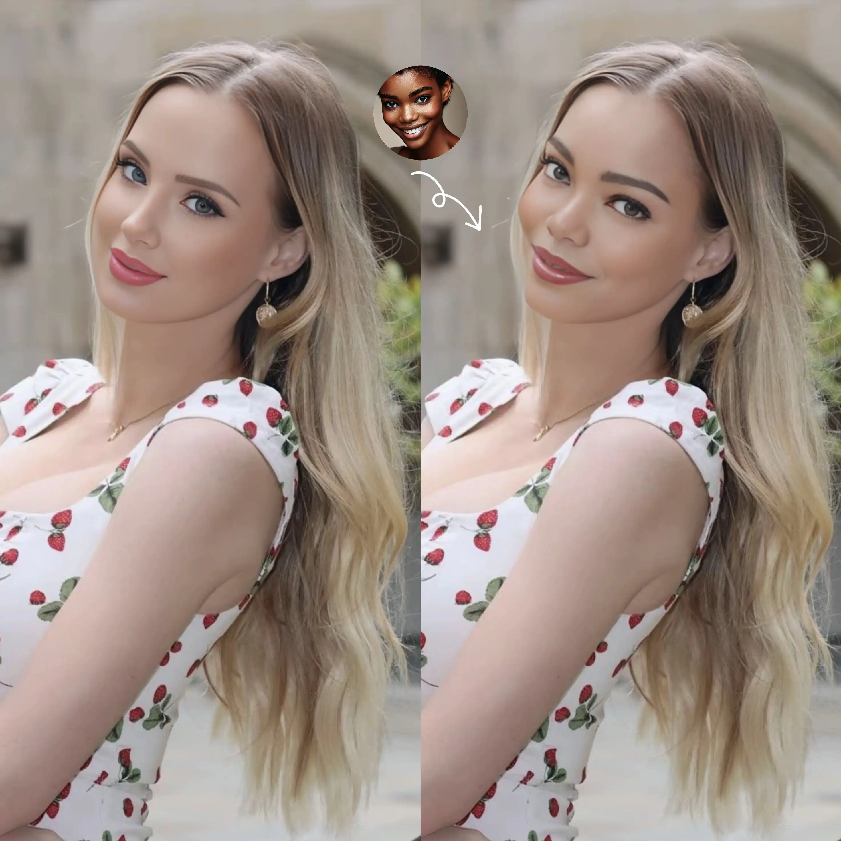 Replace the face of a black woman with the face of a woman in a flowery dress