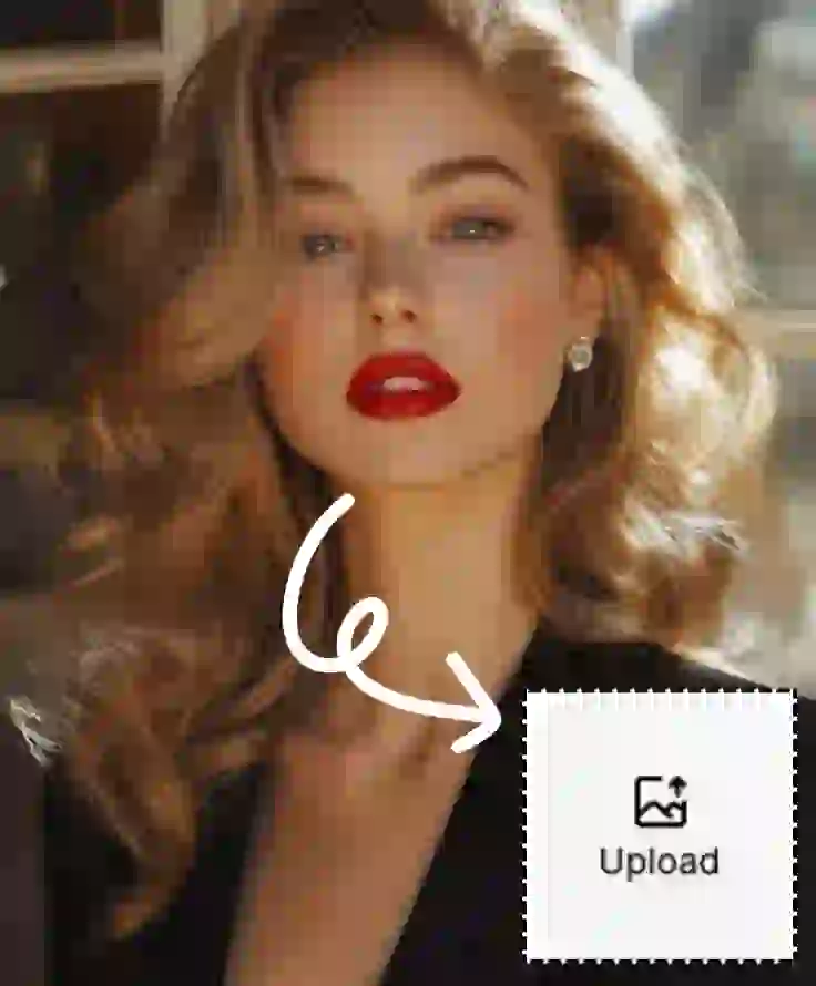 Il s'agit de l'étape 1 du tutoriel gratuit de la coiffure AI en ligne. Téléchargez une photo de quelqu'un que vous aimez ou de votre propre portrait. Ici, nous avons une femme aux cheveux dorés et bouclés, dégageant une élégance avec un maquillage délicat.