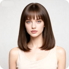 Kvinne med luftig pannelugg, brukt som mal for hårbytte.