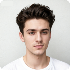 Mann med morgan-permanent med sideskill for høy panne, brukt som mal for hårbytte.