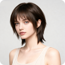 Kvinne med multehode og ulvehalepermanent, brukt som mal for hårbytte.