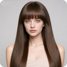 Kvinne med prinsesseklipp langt rett hår, brukt som mal for hårbytte.