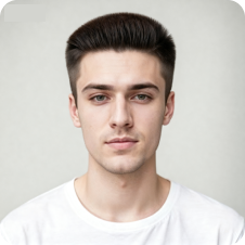 Mann med sidespade og gradert oljehode, brukt som mal for hårbytte.