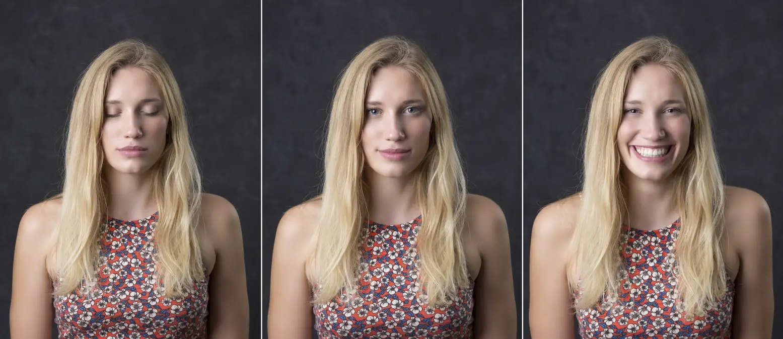 Une femme avec deux expressions différentes, les yeux fermés et les yeux s'ouvrent, utilisant la technologie AI pour ouvrir les yeux.