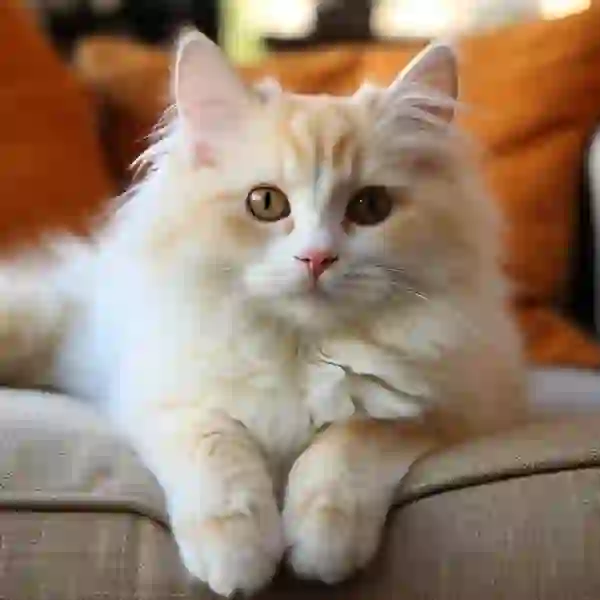 Kanepede oturan uzun saçlı turuncu bir kedinin portresi.