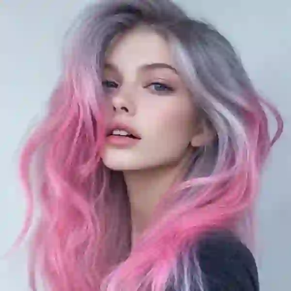 Pembe renk tonlu gri saçlı bir kadının portresi.