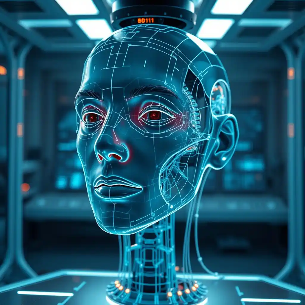 Le maillage holographique brillant et la cartographie faciale 3D suggèrent que la reconstruction faciale est basée sur l'IA.