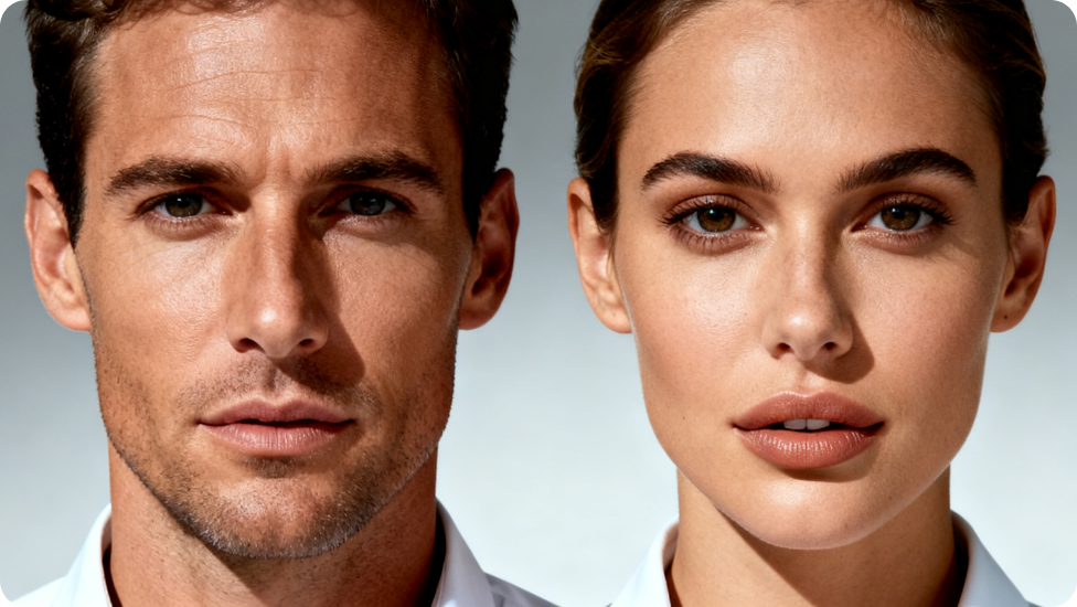 Primeiro plano de um homem e uma mulher em pé, lado a lado, iluminados por uma luz dramática.