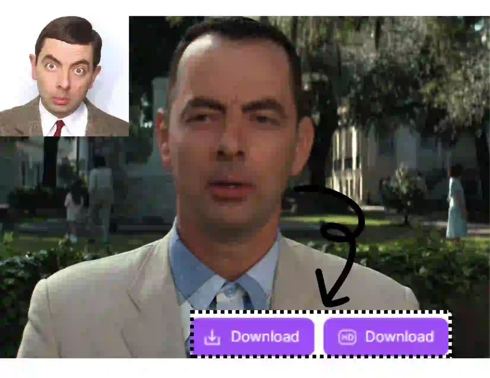 Tutorial de l'échange de visage de vidéo longue étape 3: Une fois la photo téléchargée, vous pouvez démarrer le long échange de visage vidéo. Le visage de M. Bean remplace avec succès le visage de Forrest Gump dans le film. Enfin, cliquez sur le bouton de téléchargement en bas à droite.