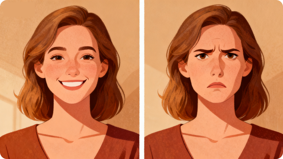 Comparação entre uma personagem feminina de anime com expressão feliz e uma com expressão de raiva.