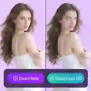 Comparação entre a mulher original de vestido branco e a mulher com o rosto trocado, também de vestido branco, com um botão roxo de "download" e um botão verde de "download HD", usada como material em um tutorial em vídeo sobre troca de rostos.