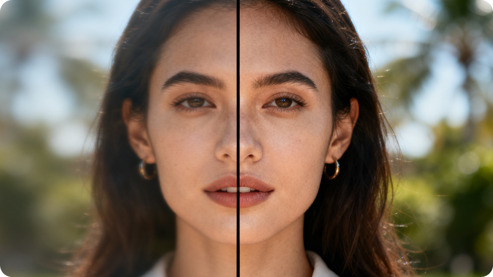 Close-up de uma mulher dividida por uma linha preta, com o lado esquerdo mostrando o close-up original e o lado direito exibindo a versão ampliada.