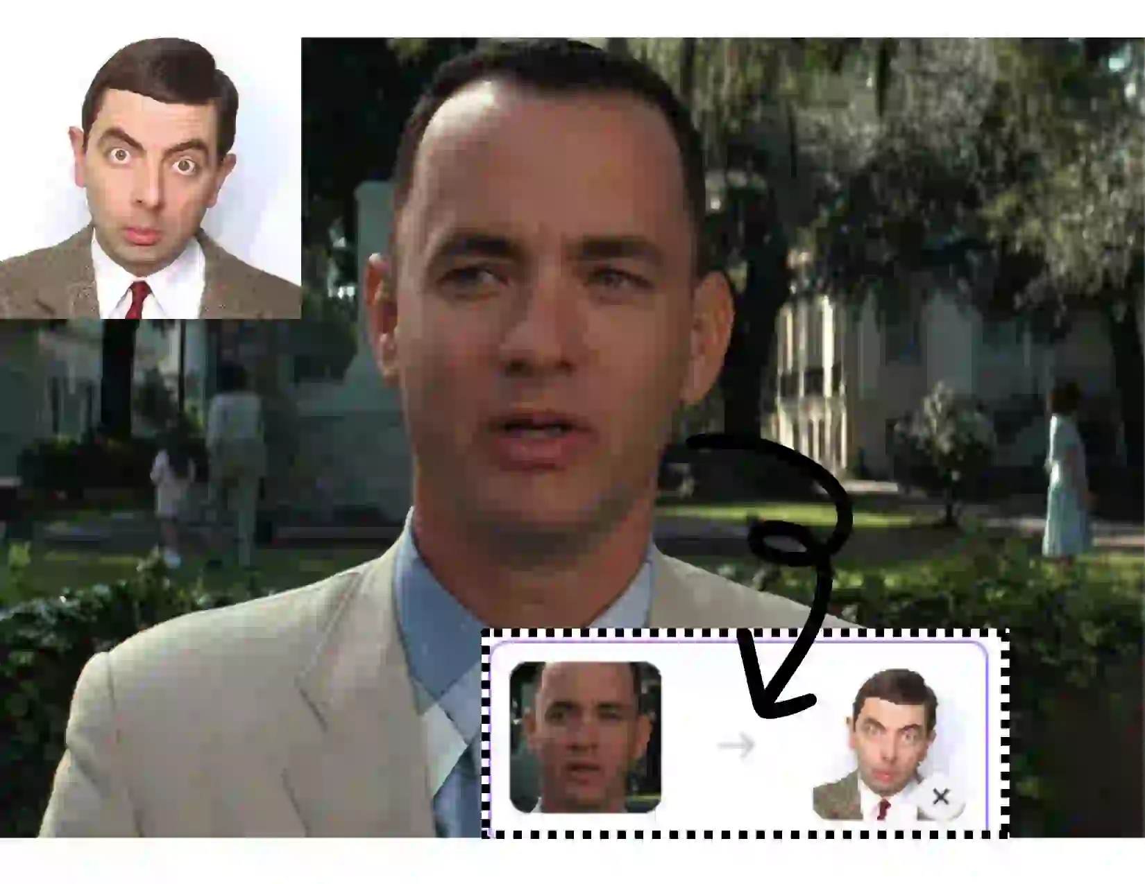 Long Video Face Swap Tutorial Étape 2: Le Facewapper reconnaît les visages de la vidéo, et vous pouvez télécharger la photo du visage que vous souhaitez remplacer. Ici, la photo de l'acteur M. Bean est téléchargée.