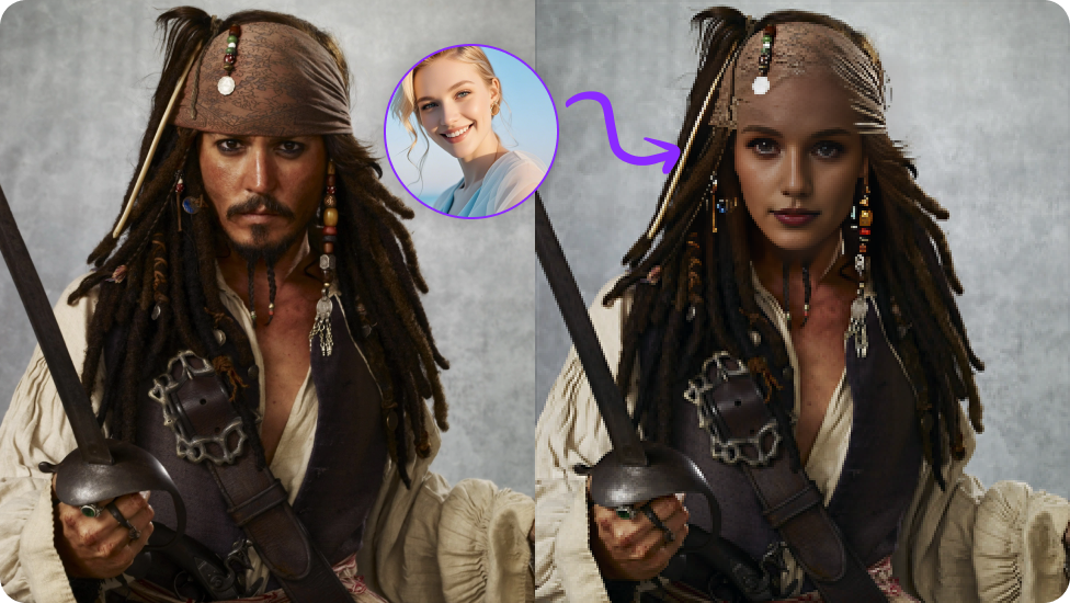 Comparação entre o filme original Piratas do Caribe e a versão com os rostos trocados.