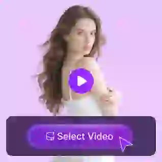 Uma mulher com longos cabelos ondulados, vestindo um vestido branco, com um botão de reprodução roxo sobreposto e um botão "selecionar vídeo", usada como material em um tutorial de troca de rostos em vídeo.