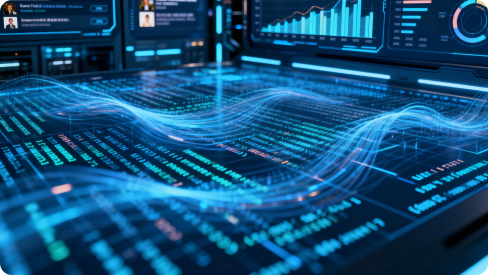 Futurystyczny cyfrowy panel z niebieskimi falami danych, wykresami i analizami, symbolizującymi analizę danych.