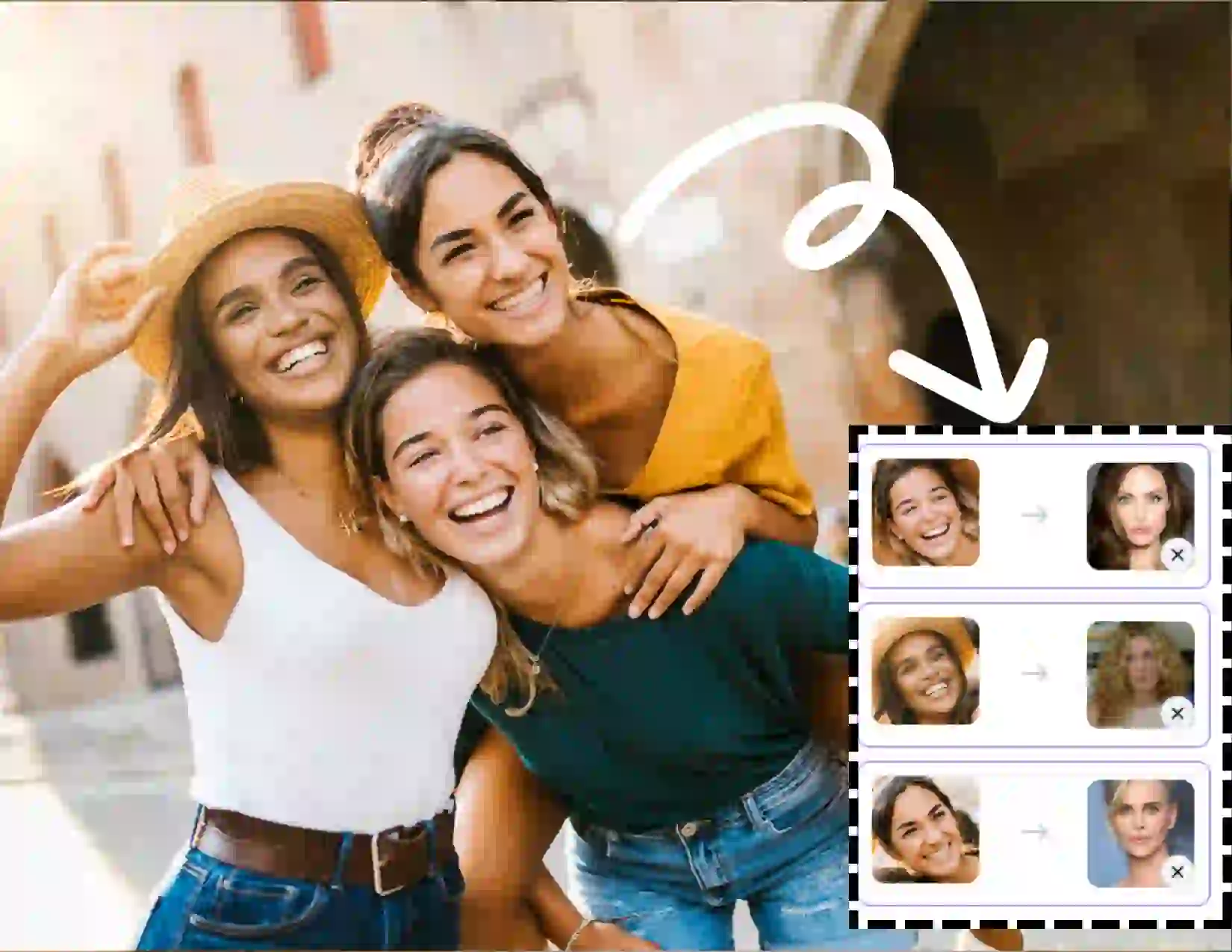 Il s'agit de l'étape 2 de l'échange de visage multiple. L'outil AI détectera automatiquement tous les visages de la photo. Téléchargez les photos des visages que vous souhaitez échanger, nous utilisons ici des photos de trois célébrités féminines: Angelina Jolie, Charlize Theron et Sarah Jessica Parker.
