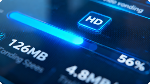 Zbliżenie cyfrowego interfejsu postępu ze świecącym niebieskim paskiem, przyciskiem „HD” i wskaźnikami danych, takimi jak „126 MB” i „56%”, przedstawiającymi stan pobierania w trybie zamiany twarzy.