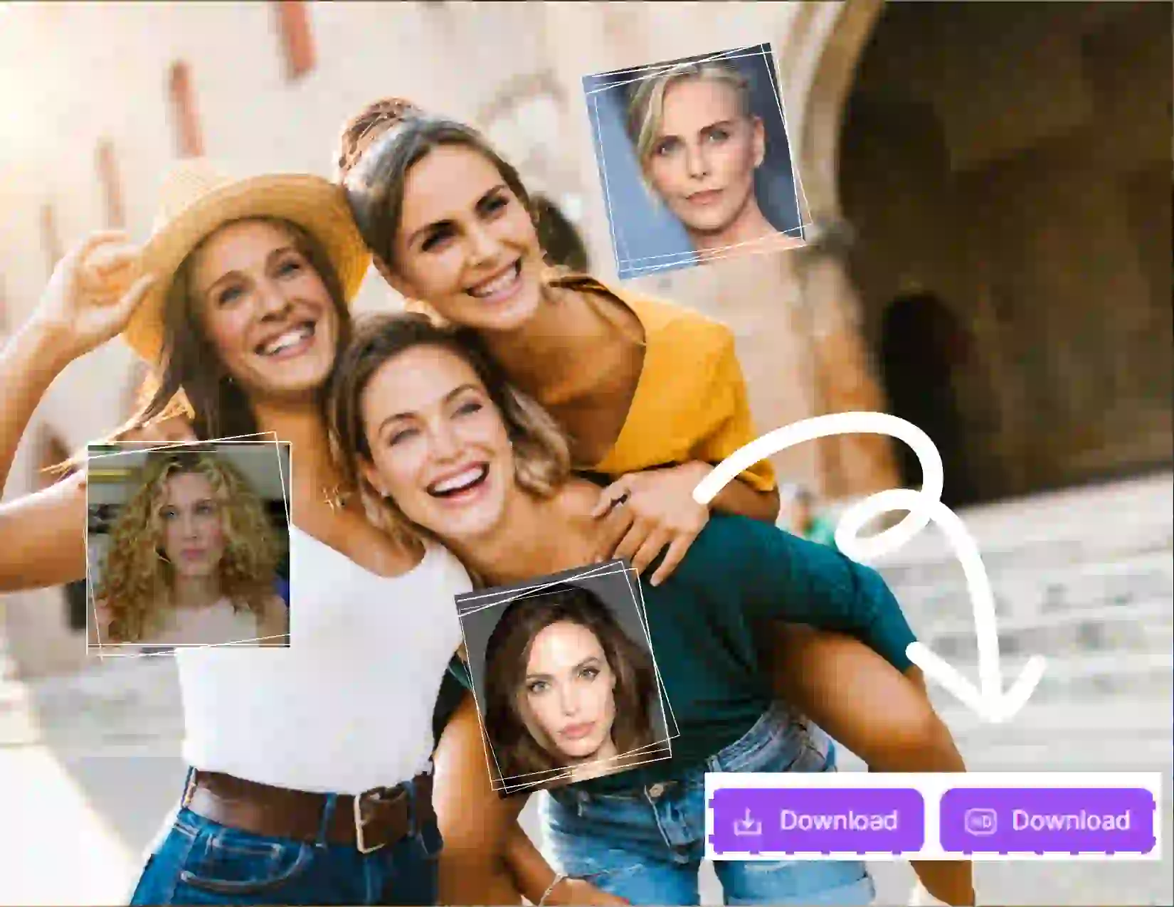 Il s'agit de l'échange de visage multiple étape 3. Une fois le téléchargement terminé, vous pouvez démarrer l'échange de visage multiple. Enfin, téléchargez la photo où les visages des trois filles ont été complètement remplacés par ceux des trois célébrités.
