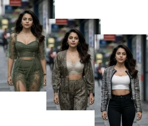 Uma garota usa a tecnologia virtual que muda o rosto para experimentar diferentes estilos de roupas