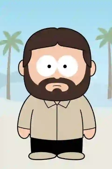 AI-generated South Park-inspired image of a man with a beard and mustache, wearing a beige shirt and black pants, standing on the road with a calm expression. Two cocona trees are visible in the background.